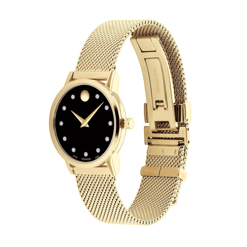 Main Image 2 of Ladies' Movado Museum Classic 1/20 CT. T.W. Diamond Gold-Tone IP Mesh Watch with Black Dial (Model: 0607628)