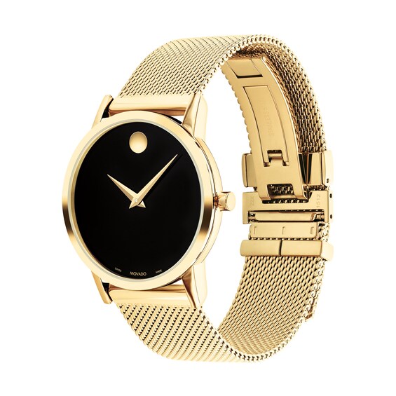 Ladies' Movado Museum Classic Gold-Tone PVD Mesh Watch with Black Dial (Model: 0607647)