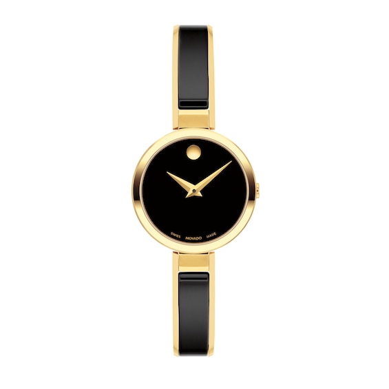 Ladies' Movado Moda Two-Tone PVD Ceramic Bangle Watch with Black Dial (Model: 0607714)