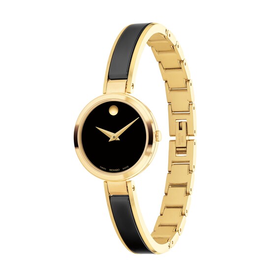 Ladies' Movado Moda Two-Tone PVD Ceramic Bangle Watch with Black Dial (Model: 0607714)