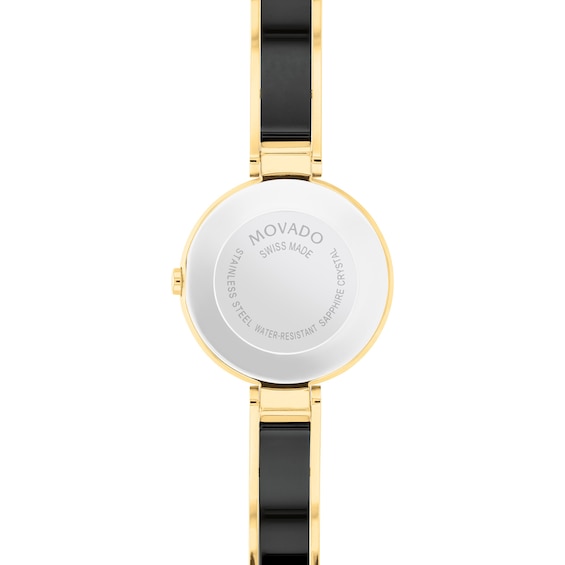 Ladies' Movado Moda Two-Tone PVD Ceramic Bangle Watch with Black Dial (Model: 0607714)