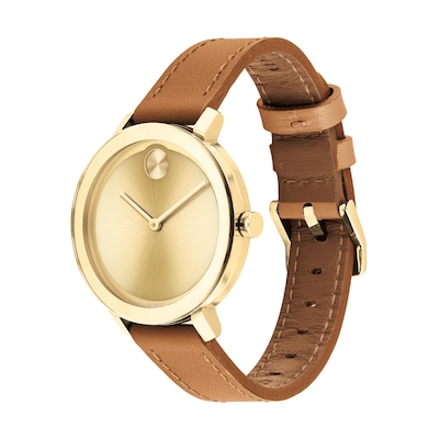 Ladies\' Movado Bold® Evolution Gold-Tone IP Leather Strap Watch with Gold-Tone  Dial (Model: 3600890) | Zales