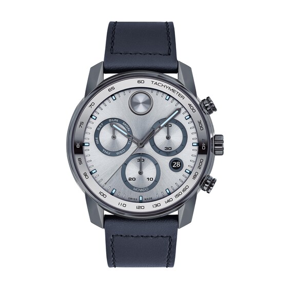 Men's Movado BoldÂ® Verso Gunmetal Grey IP Chronograph Blue Leather Strap Watch with Grey Dial (Model: 3600909)