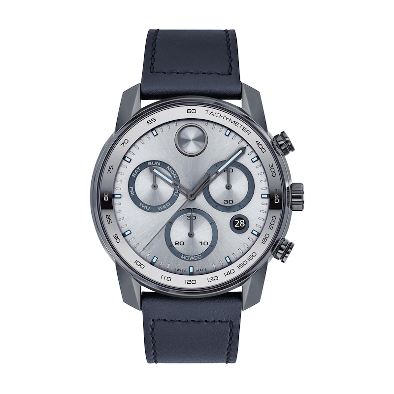 Main Image 1 of Men's Movado Bold® Verso Gunmetal Grey IP Chronograph Blue Leather Strap Watch with Grey Dial (Model: 3600909)