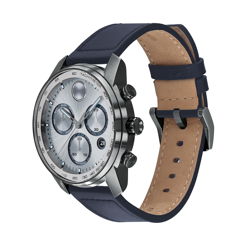 Main Image 2 of Men's Movado Bold® Verso Gunmetal Grey IP Chronograph Blue Leather Strap Watch with Grey Dial (Model: 3600909)