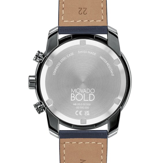 Men's Movado BoldÂ® Verso Gunmetal Grey IP Chronograph Blue Leather Strap Watch with Grey Dial (Model: 3600909)