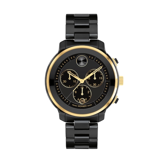 Ladies' Movado BoldÂ® Verso Gold-Tone IP and Black Ceramic Chronograph Watch with Black Dial (Model: 3600932)