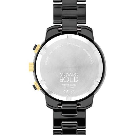 Ladies' Movado BoldÂ® Verso Gold-Tone IP and Black Ceramic Chronograph Watch with Black Dial (Model: 3600932)
