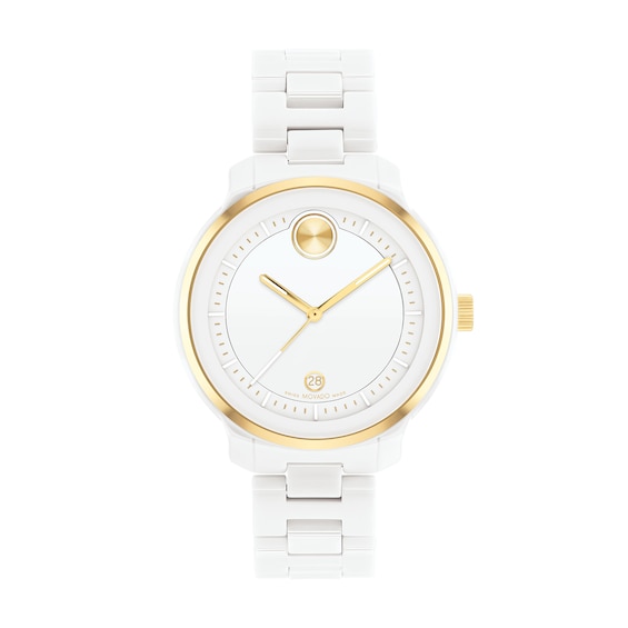 Ladies' Movado BoldÂ® Verso Gold-Tone IP and White Ceramic Watch with White Dial (Model: 3600934)