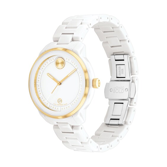 Ladies' Movado BoldÂ® Verso Gold-Tone IP and White Ceramic Watch with White Dial (Model: 3600934)