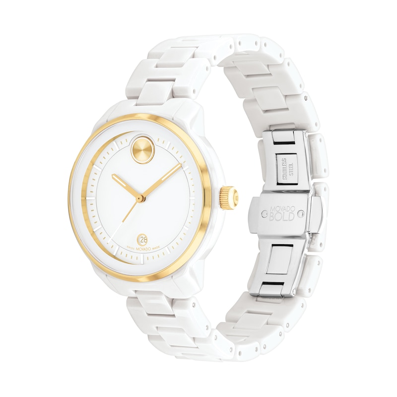 Main Image 2 of Ladies' Movado Bold® Verso Gold-Tone IP and White Ceramic Watch with White Dial (Model: 3600934)