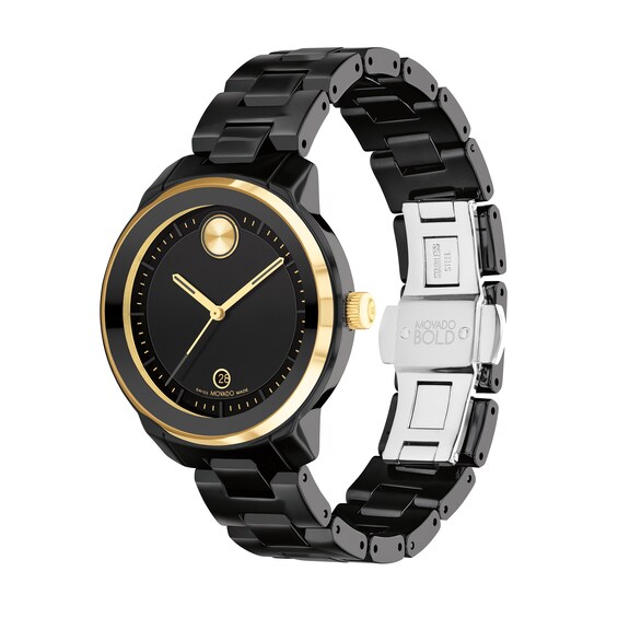 Ladies' Movado BoldÂ® Verso Gold-Tone IP and Black Ceramic Watch with Black Dial (Model: 3600936)