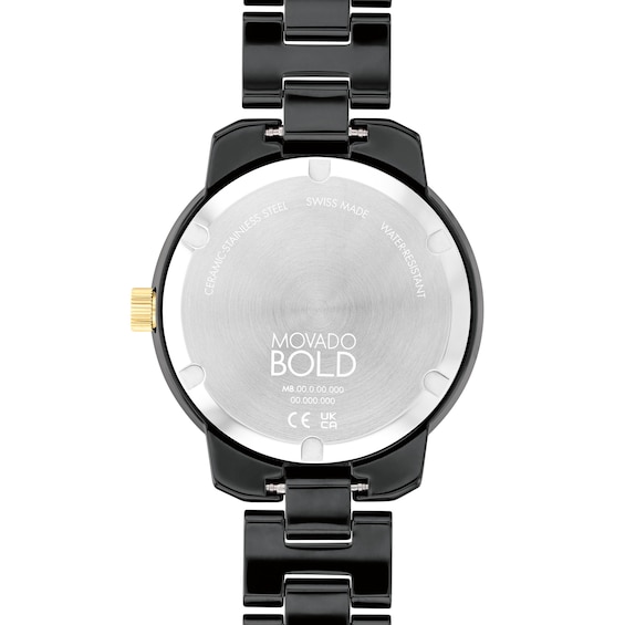 Ladies' Movado BoldÂ® Verso Gold-Tone IP and Black Ceramic Watch with Black Dial (Model: 3600936)