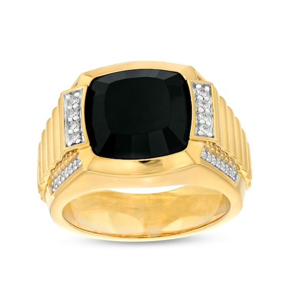 12.0mm Cushion-Cut Black Onyx and 1/4 CT. T.w. Diamond Collar Grooved Shank Ring in 10K Gold
