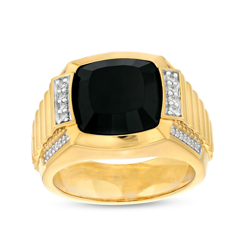 Main Image 1 of 12.0mm Cushion-Cut Black Onyx and 1/4 CT. T.W. Diamond Collar Grooved Shank Ring in 10K Gold