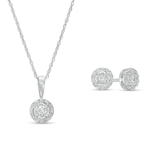 1/5 CT. T.w. Diamond Solitaire Beaded Frame Pendant and Stud Earrings Set Sterling Silver (J/I3)