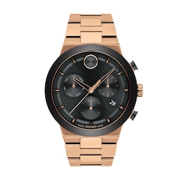 Men's Movado Bold® Fusion Rose-Tone IP and Black Ceramic Bezel Chronograph Watch with Black Dial (Model: 3600898)