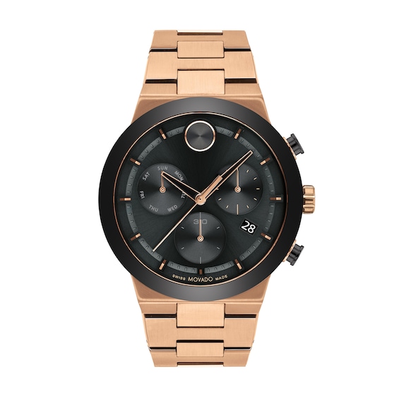 Men's Movado BoldÂ® Fusion Rose-Tone IP and Black Ceramic Bezel Chronograph Watch with Black Dial (Model: 3600898)