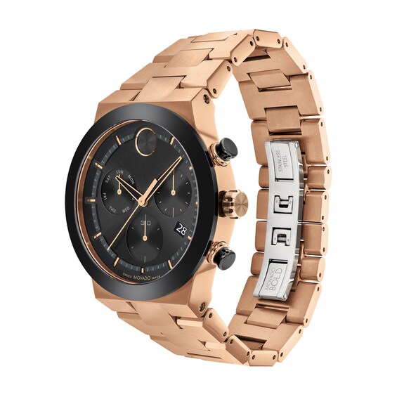 Men's Movado BoldÂ® Fusion Rose-Tone IP and Black Ceramic Bezel Chronograph Watch with Black Dial (Model: 3600898)