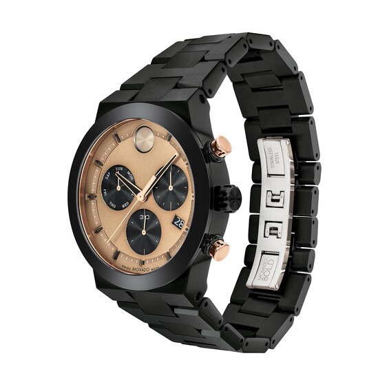 Men's Movado BoldÂ® Fusion Black IP and Ceramic Bezel Chronograph Watch with Rose-Tone Dial (Model: 3600897)