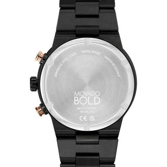 Men's Movado BoldÂ® Fusion Black IP and Ceramic Bezel Chronograph Watch with Rose-Tone Dial (Model: 3600897)