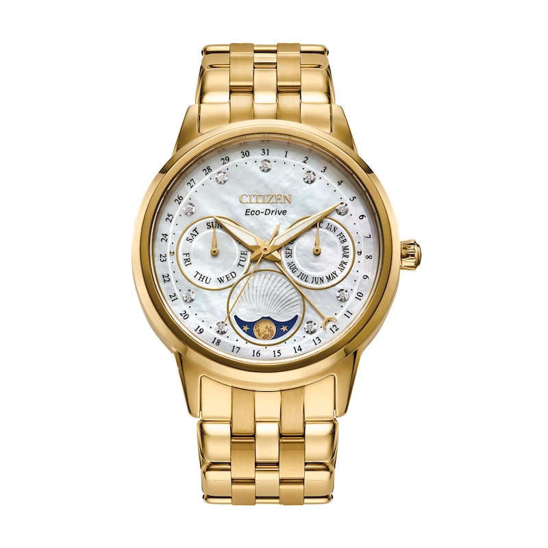 Ladies\' Citizen Eco-Drive® Classic Gold-Tone Chronograph Watch with Mother -of-Pearl Dial (Model: FD0002-57D) | Zales