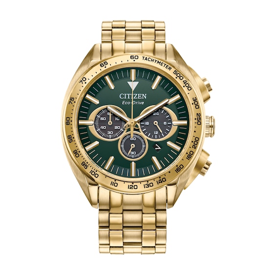 Men\'s Citizen Eco-Drive® Carson Sport Luxury Gold-Tone Chronograph Watch  with Green Dial (Model: CA4542-59X) | Zales