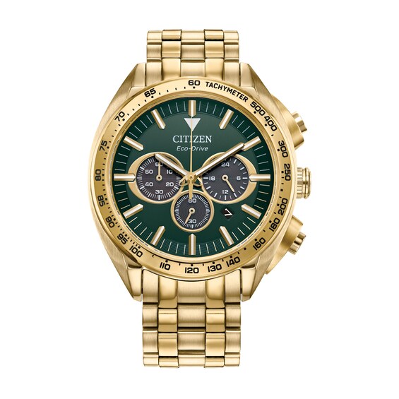 Men's Citizen Eco-DriveÂ® Carson Sport Luxury Gold-Tone Chronograph Watch with Green Dial (Model: Ca4542-59X)