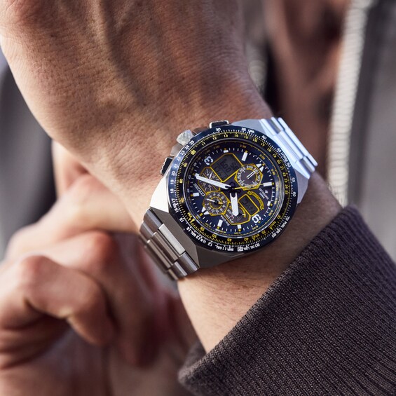 Men's Citizen Eco-DriveÂ® Promaster Blue Angels Two-Tone IP Chronograph Watch with Blue Dial (Model: Jy8128-56L)