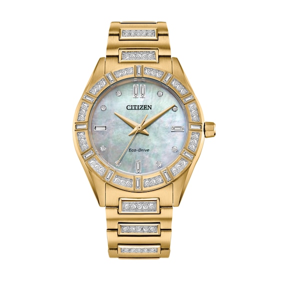 Ladies' Citizen Eco-DriveÂ® Classic Crystal Accent Gold-Tone Watch with Mother-of-Pearl Dial (Model: Em1022-51D)