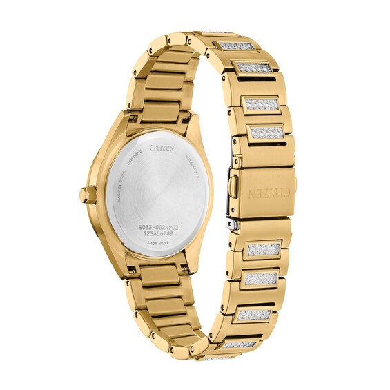 Ladies' Citizen Eco-DriveÂ® Classic Crystal Accent Gold-Tone Watch with Mother-of-Pearl Dial (Model: Em1022-51D)