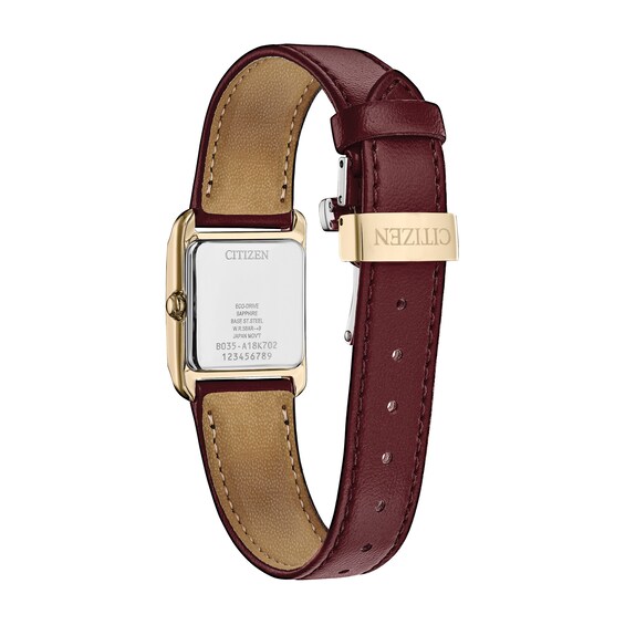 Ladies' Citizen Eco-DriveÂ® Bianca Gold-Tone Red Leather Strap Watch with Square Mother-of-Pearl Dial (Model: Ew5593-05D)