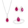 Thumbnail Image 1 of Pear-Shaped Lab-Created Ruby and White Lab-Created Sapphire Frame Three Piece Set in Sterling Silver – Size 7