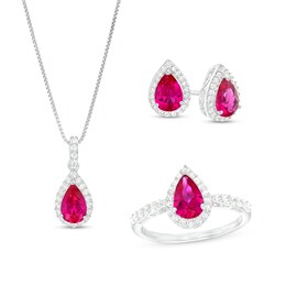 Pear-Shaped Lab-Created Ruby and White Lab-Created Sapphire Frame Three Piece Set in Sterling Silver – Size 7