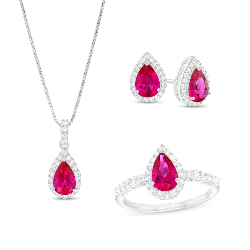 Main Image 1 of Pear-Shaped Lab-Created Ruby and White Lab-Created Sapphire Frame Three Piece Set in Sterling Silver – Size 7
