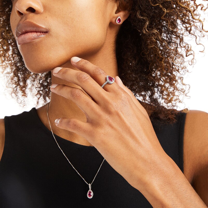 Main Image 2 of Pear-Shaped Lab-Created Ruby and White Lab-Created Sapphire Frame Three Piece Set in Sterling Silver – Size 7