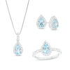 Thumbnail Image 1 of Pear-Shaped Sky Blue Topaz and White Lab-Created Sapphire Frame Three Piece Set in Sterling Silver – Size 7