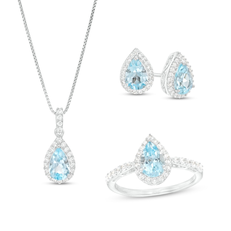 Main Image 1 of Pear-Shaped Sky Blue Topaz and White Lab-Created Sapphire Frame Three Piece Set in Sterling Silver – Size 7