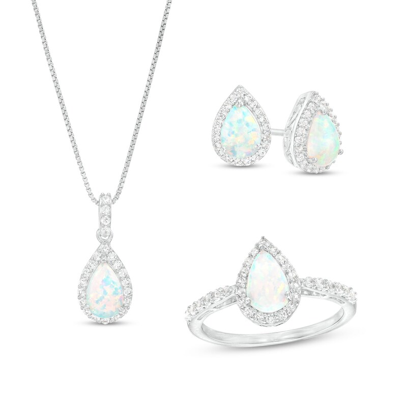 Main Image 1 of Pear-Shaped Lab-Created Opal and White Lab-Created Sapphire Frame Three Piece Set in Sterling Silver – Size 7