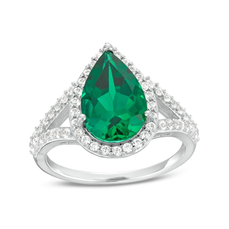 Main Image 1 of Pear-Shaped Lab-Created Emerald and White Lab-Created Sapphire Frame Split Shank Ring in Sterling Silver