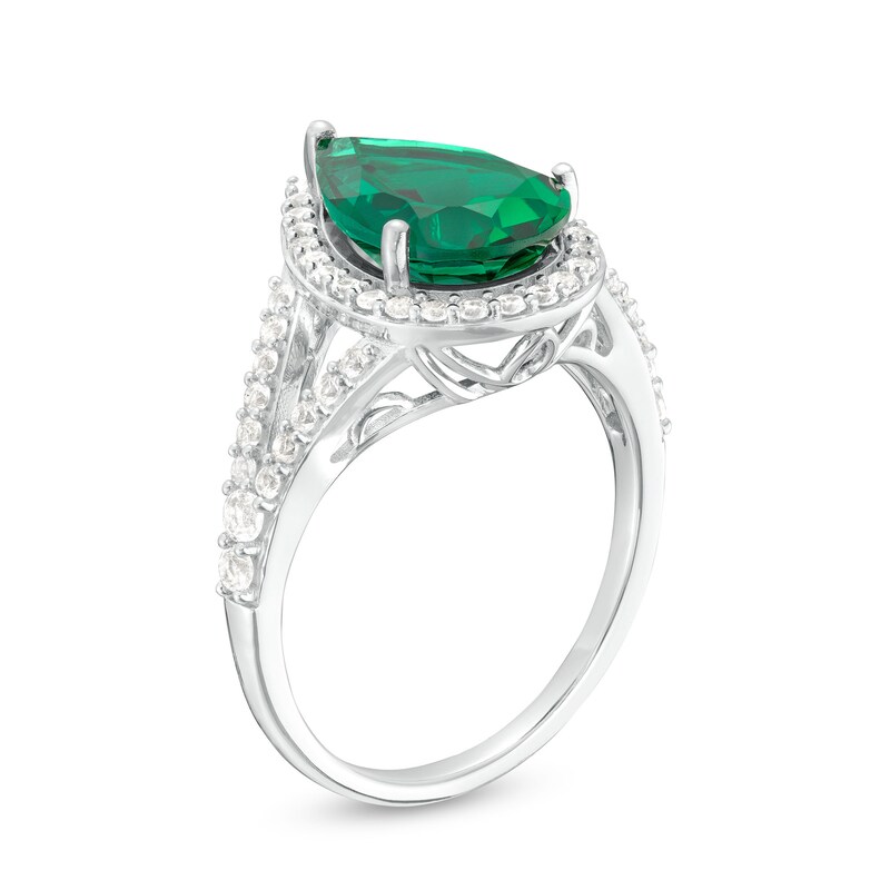 Main Image 3 of Pear-Shaped Lab-Created Emerald and White Lab-Created Sapphire Frame Split Shank Ring in Sterling Silver