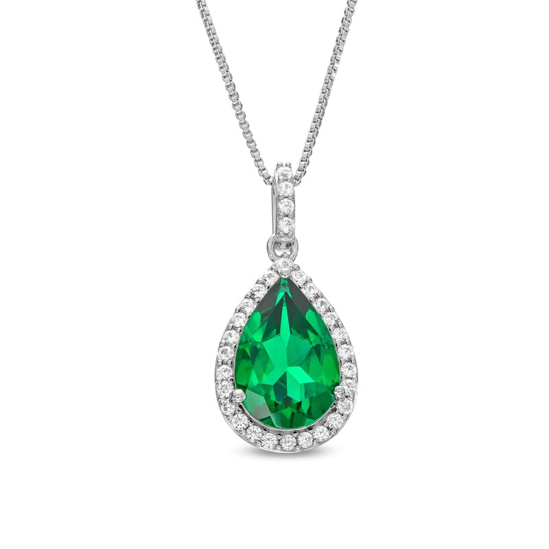Main Image 1 of Pear-Shaped Lab-Created Emerald and White Lab-Created Sapphire Frame Pendent in Sterling Silver