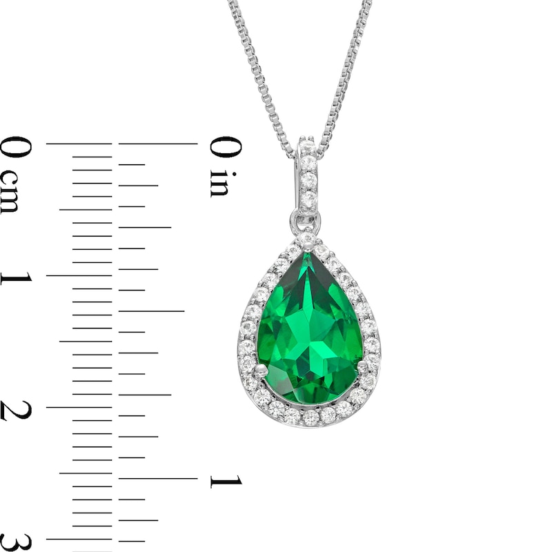 Main Image 3 of Pear-Shaped Lab-Created Emerald and White Lab-Created Sapphire Frame Pendent in Sterling Silver