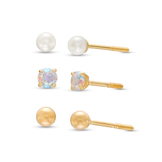 Child's 3.0mm Freshwater Cultured Pearl, Iridescent Cubic Zirconia and Ball Three Pair Stud Earrings Set in 14K Gold