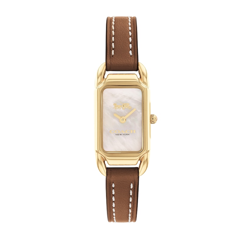 Ladies' Coach Cadie Gold-Tone IP Brown Leather Strap Watch with Rectagular  Mother-of-Pearl Dial (Model: 14504028) | Zales