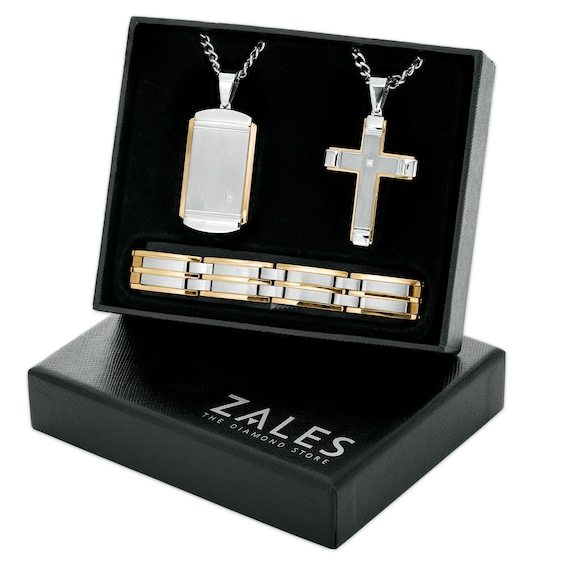 Diamond Accent Layered Dog Tag and Cross Pendant with Link Bracelet Set in Stainless Steel and Yellow Ion-Plate