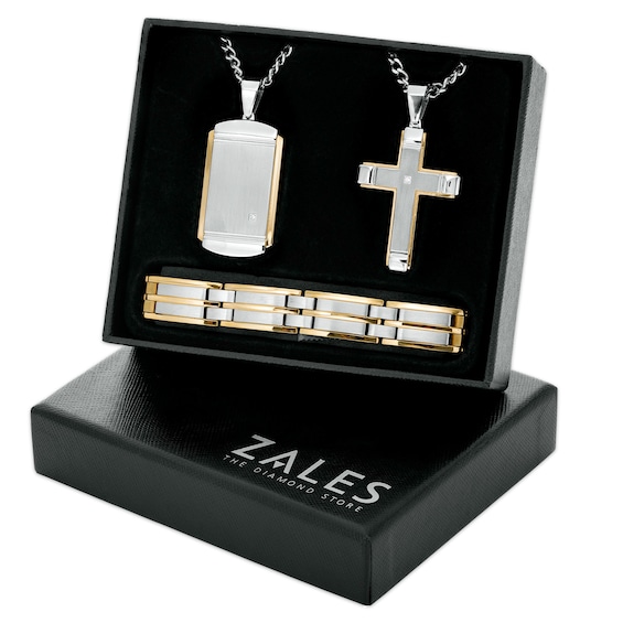 Men's Diamond Accent Layered Dog Tag and Cross Pendant with Link Bracelet Set in Stainless Steel and Yellow Ion-Plate