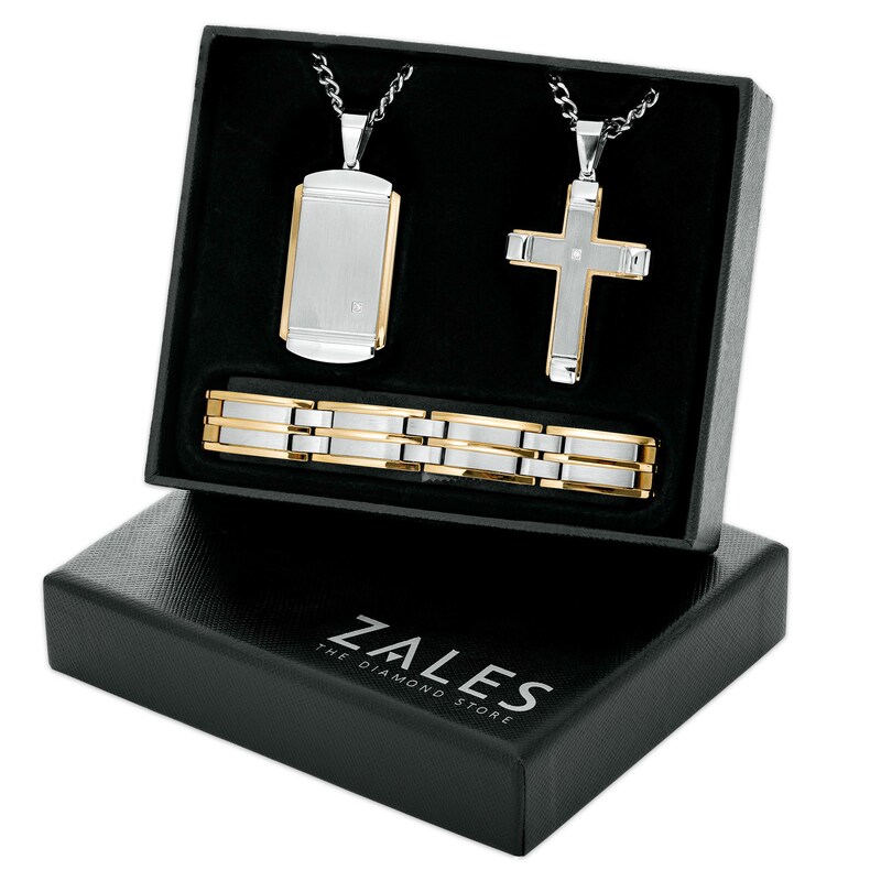 Men's Diamond Accent Layered Dog Tag and Cross Pendant with Link Bracelet Set in Stainless Steel and Yellow Ion-Plate