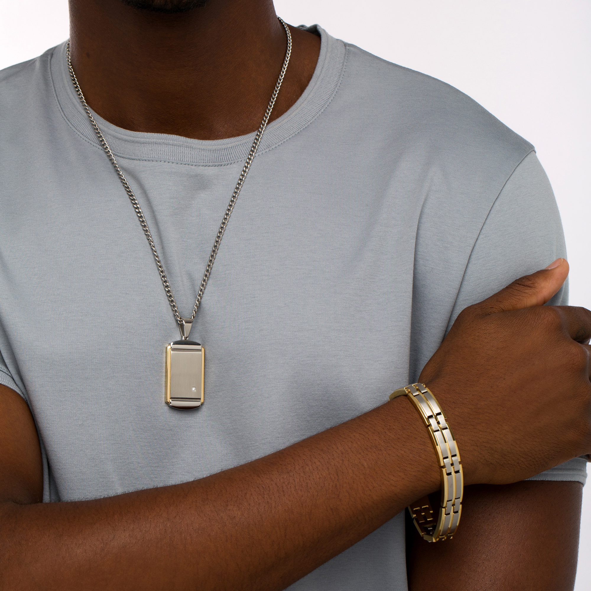 Thumbnail Image 2 of Men's Diamond Accent Layered Dog Tag and Cross Pendant with Link Bracelet Set in Stainless Steel and Yellow Ion-Plate