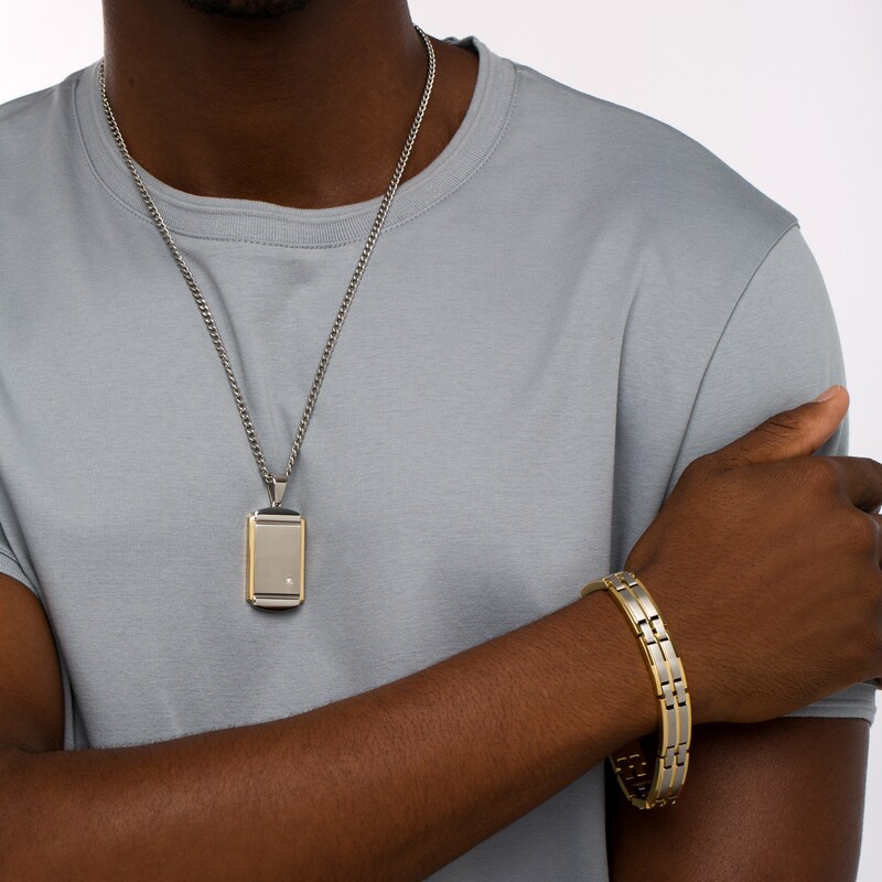 Men's Diamond Accent Layered Dog Tag and Cross Pendant with Link Bracelet Set in Stainless Steel and Yellow Ion-Plate